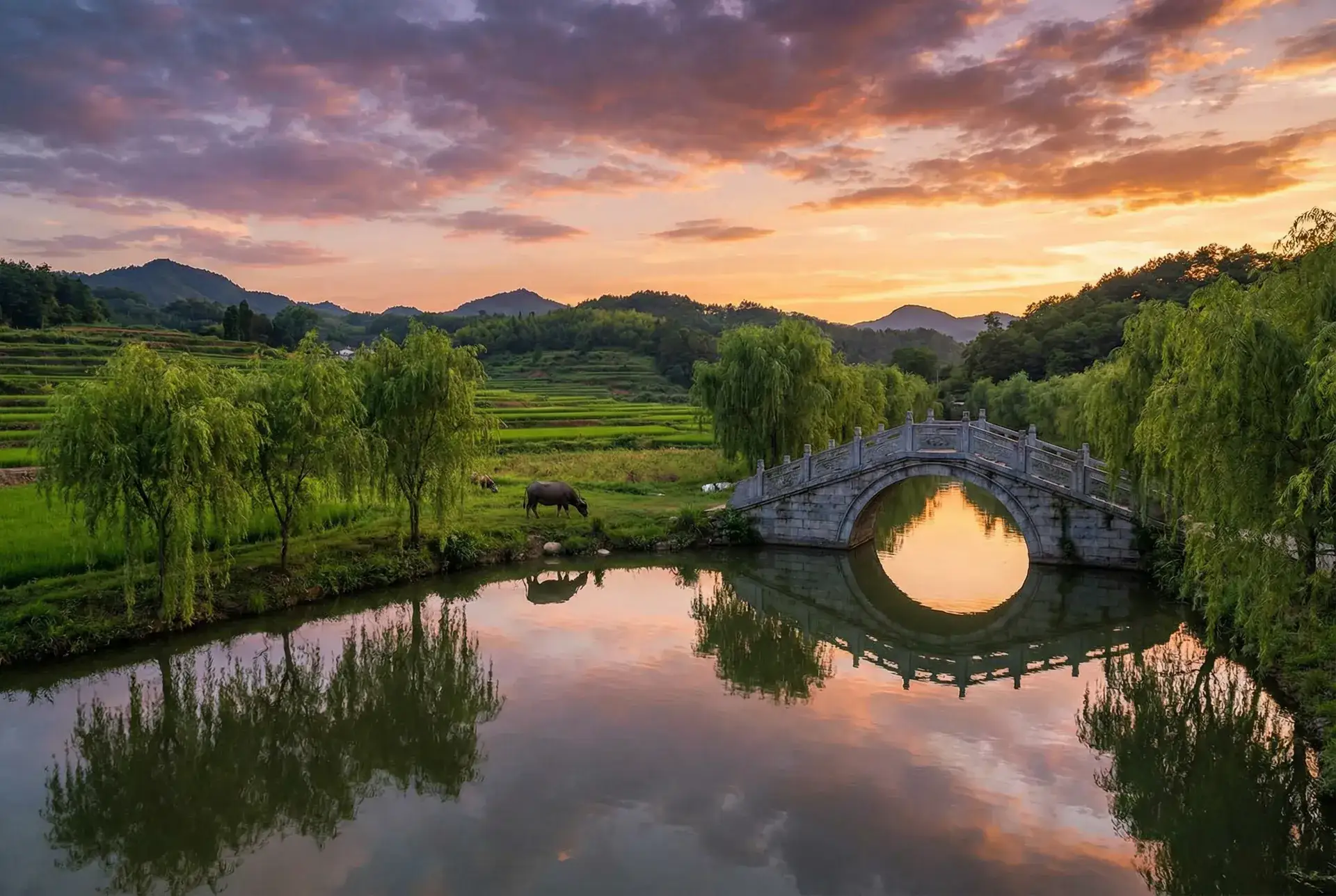 夕阳下的石拱桥与垂柳，水牛在河边吃草 - 女主天地 乡村美景